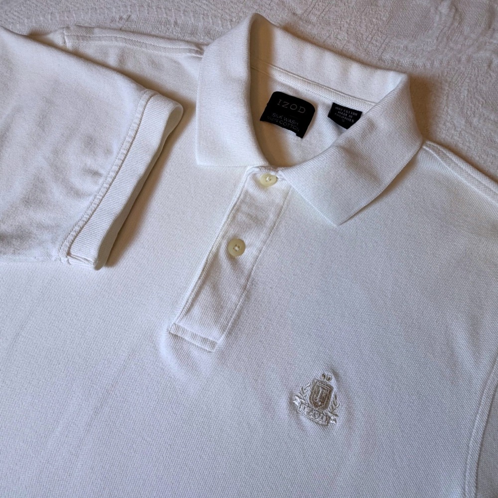 IZOD Silk Wash Mens White Cotton Pique Short Sleeve Crest Polo Shirt Size Small